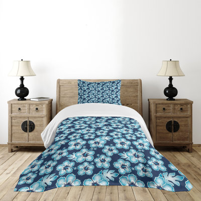 Ambesonne Aloha Bedspread Set Hibiscus Hawaiian Flowers Dark Blue Sky Blue -  bed_33438_twin