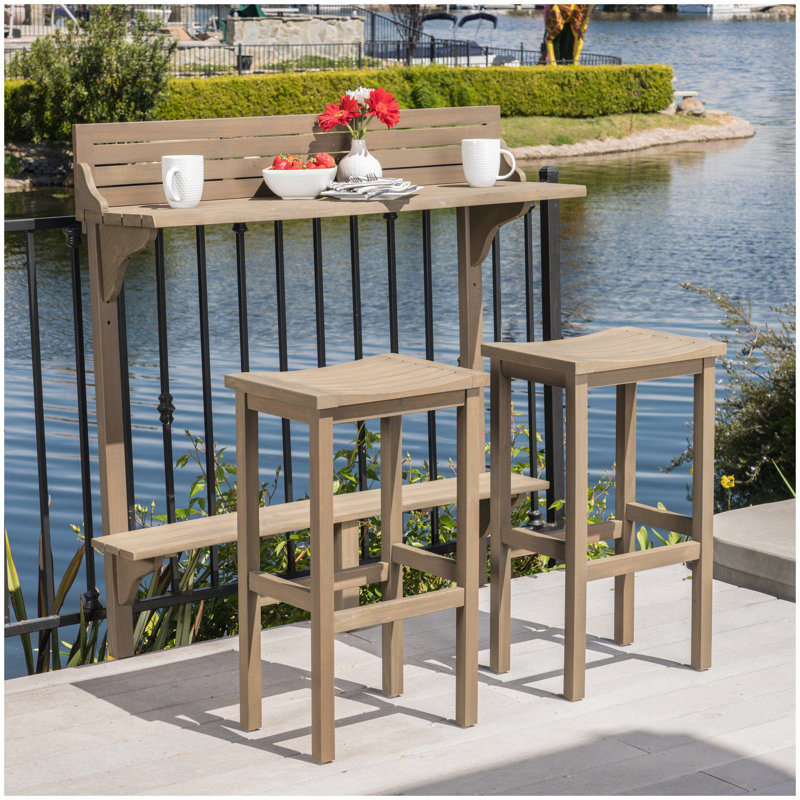 3-Piece Balcony Bar Set with Bottom Shelf Table and 2 Stools, Grey Finish