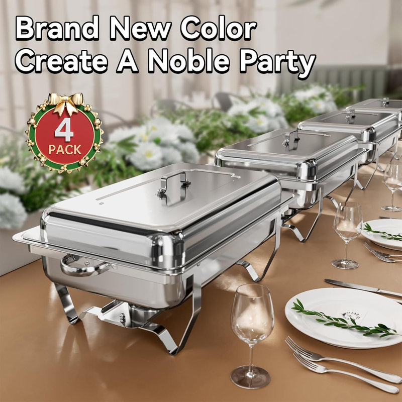 Chafing Dish Buffet Set 8 Qt 4 Pack Stainless Steel,buffet Servers And Warmers Chaffing Servers With Covers Folding Stand Food Warmer For Parties Buffets