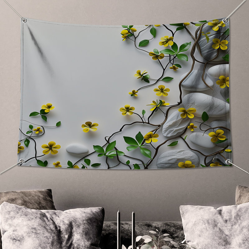 Tapisserie murale fleurs jaunes - décoration murale florale, 50in H x60in W with 4 Grommets