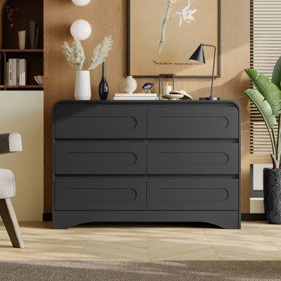 Dresser For Bedroom, 47" Farmhouse Chest Of Drawers Organize, 6 Drawer Dresser, Curved Edge Design, Farmhouse Style Dresser For Bedroom, Living Room, Or Hallway