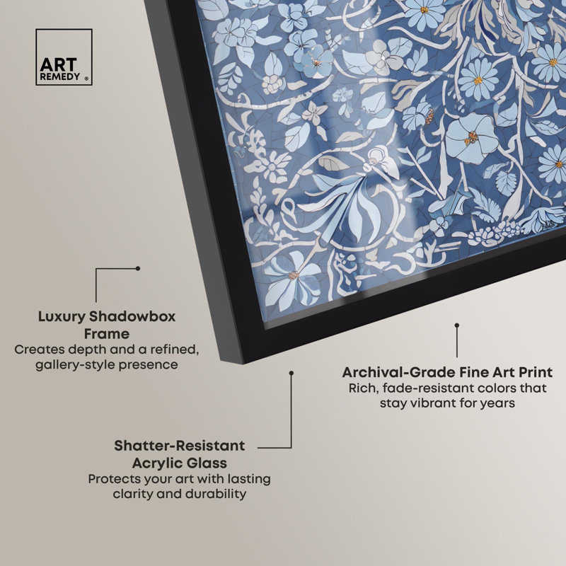 «Blue Millefleurs Mosaic Bathroom Art Shadowbox» par Art Remedy, H 13 po x l 13 po, Noir