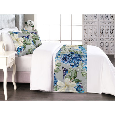 Ambesonne Exotics Bed Runner Set Simple Hydrangea Hibiscus Cobalt Blue Peacock Green