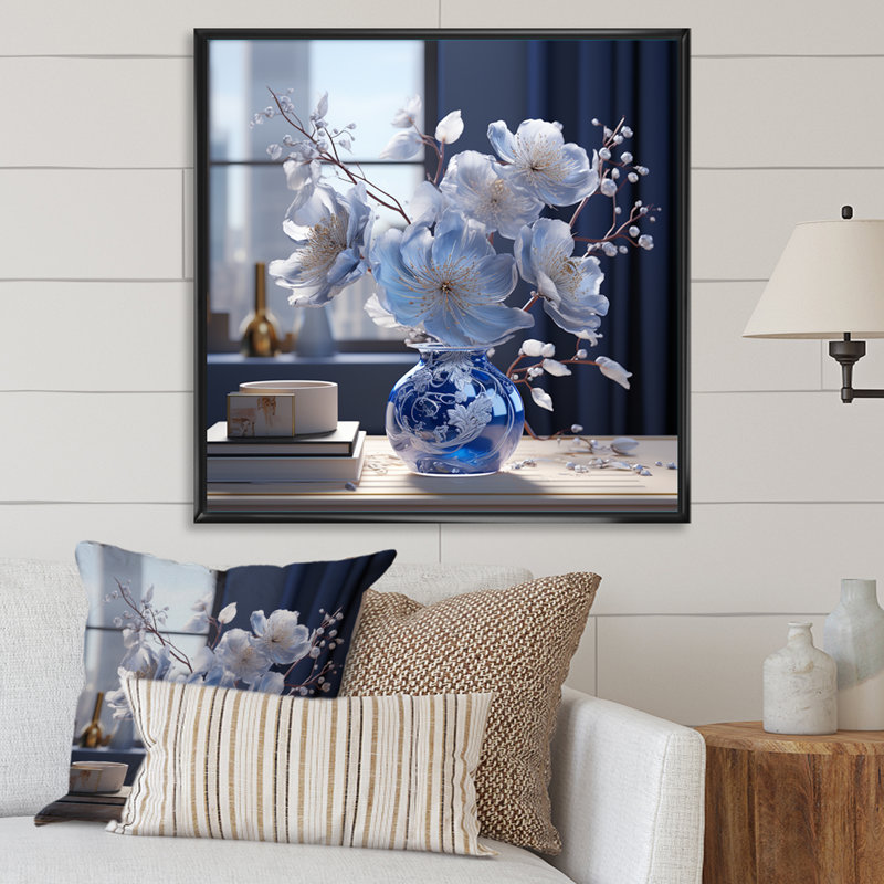 Arrangement de fleurs d'hibiscus bleu azur sur toile, Cadre photo noir, H 36 po x l 36 po