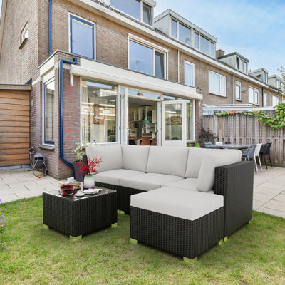Light Grey Durable PE Rattan Wicker Outdoor Patio Furniture Set 5 Piece Sectional Sofa with Cushions for Balcony Garden Poolside Optional Table