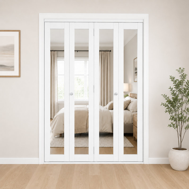 Porte de garde-robe pliante coulissante flexible, porte pliante en miroir blanche à 4 panneaux avec conception à double ouverture rabattable et système à double rail