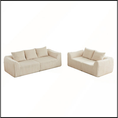 Ensemble de canapé Minimalist 3 + 2 places en velours côtelé avec lignes courbes et dossier légèrement incliné, livré avec 5 coussins décoratifs en forme de corne