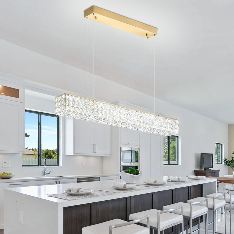 Modern Crystal Chandelier Rectangular Crystal Chandelier Contemporary Linear Pendant Ceiling Light Fixture For Living Dining Room Kitchen Island