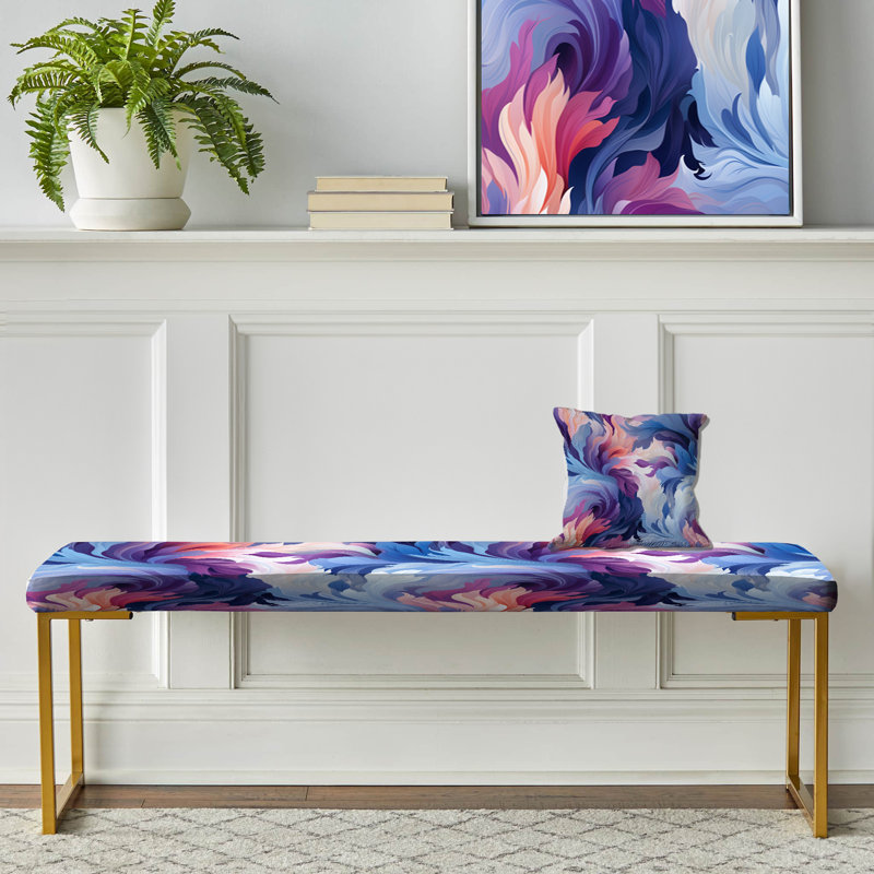 Blue And Pink Ethereal Ikat Feathers - Abstract Upholstered Gold Bench
