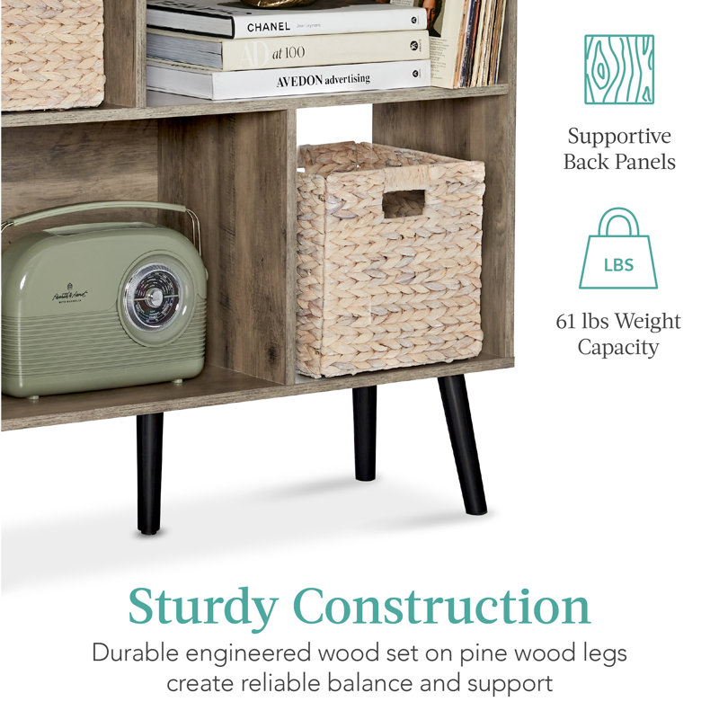 Gray Oak Mid-Century Modern 6-Shelf Pine Wood Bookcase