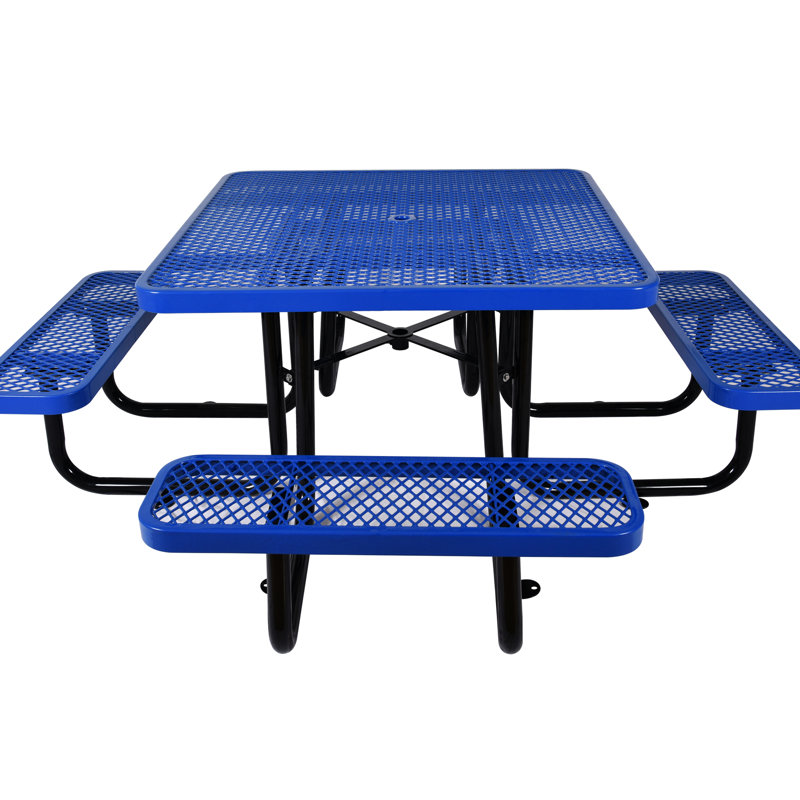 46" Square Blue Steel Outdoor Picnic Table - With Umbrella Pole, Ideal For Rejuvenating And Picnics Pole Equipped Unwinding