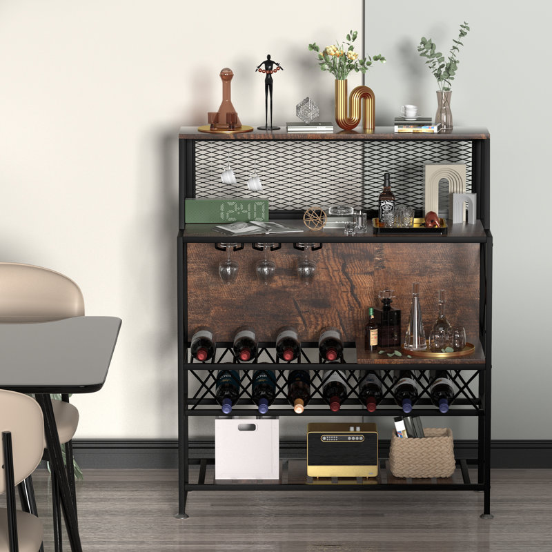 Rustic Brown Industrial Wine Rack Bar Table with Glass Holder