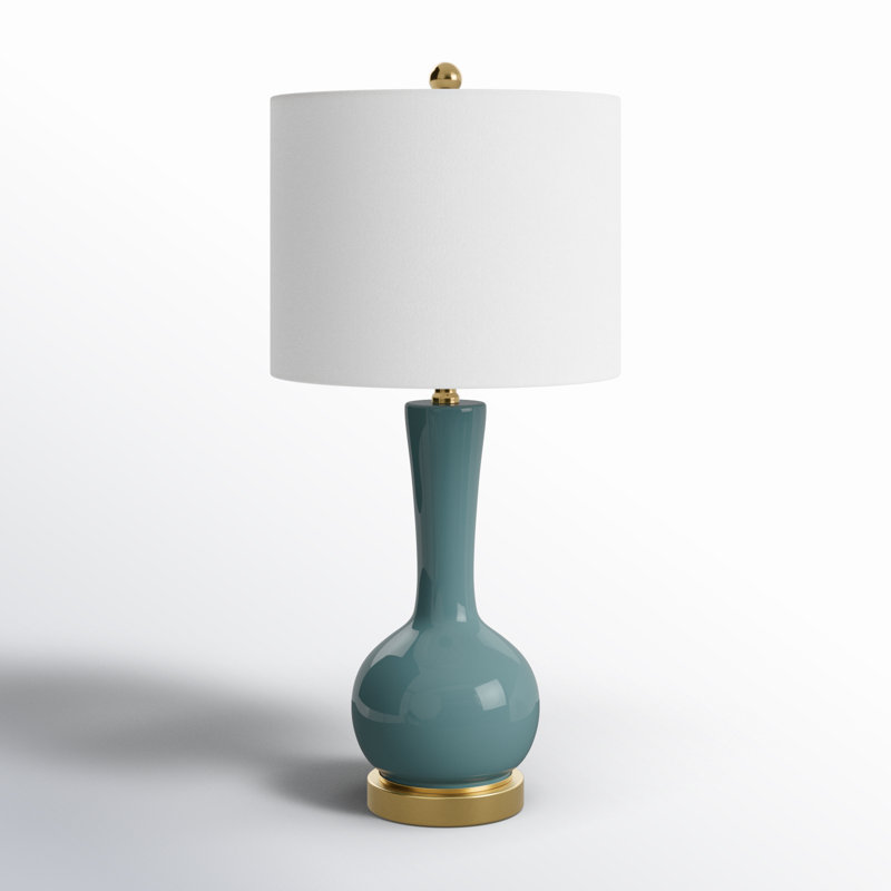 Teal and White Glass Gourd Table Lamp with Drum Shade