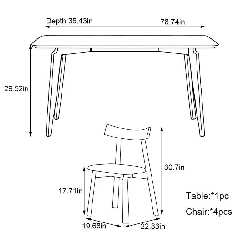 Rectangular modern simple solid wood table set, 29.52"H x 78.74"L x 35.43"W