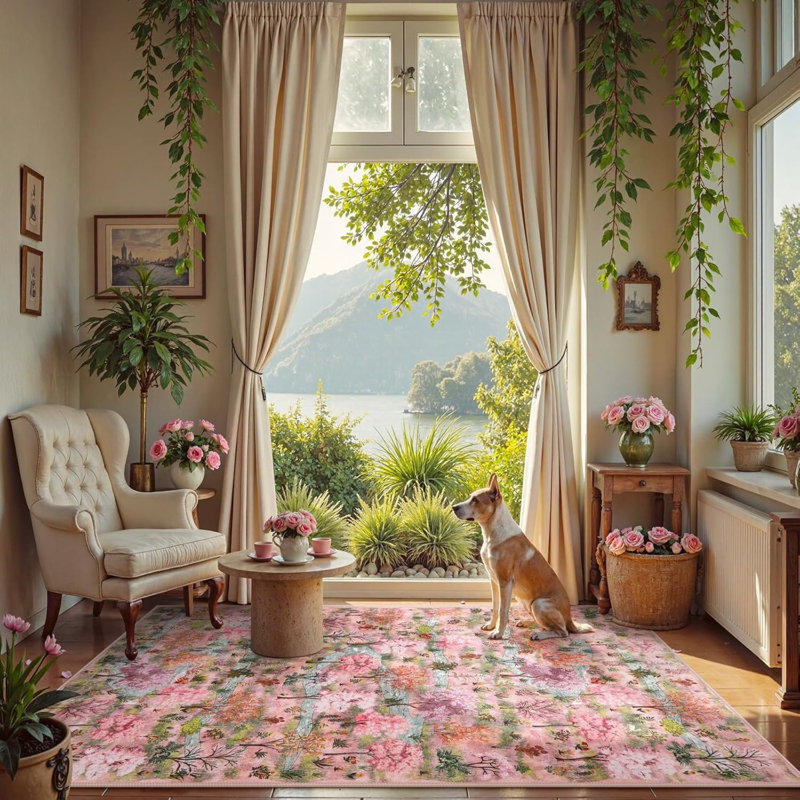 Pink Cherry Blossom Forest Rug 5 x 7 Ft for Nursery