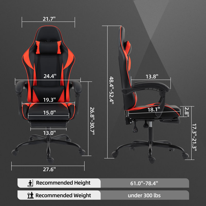 Fauteuil de jeu ergonomique inclinable en similicuir, pivotant et jeu vidéo de massage avec repose-pieds, Rouge / Noir