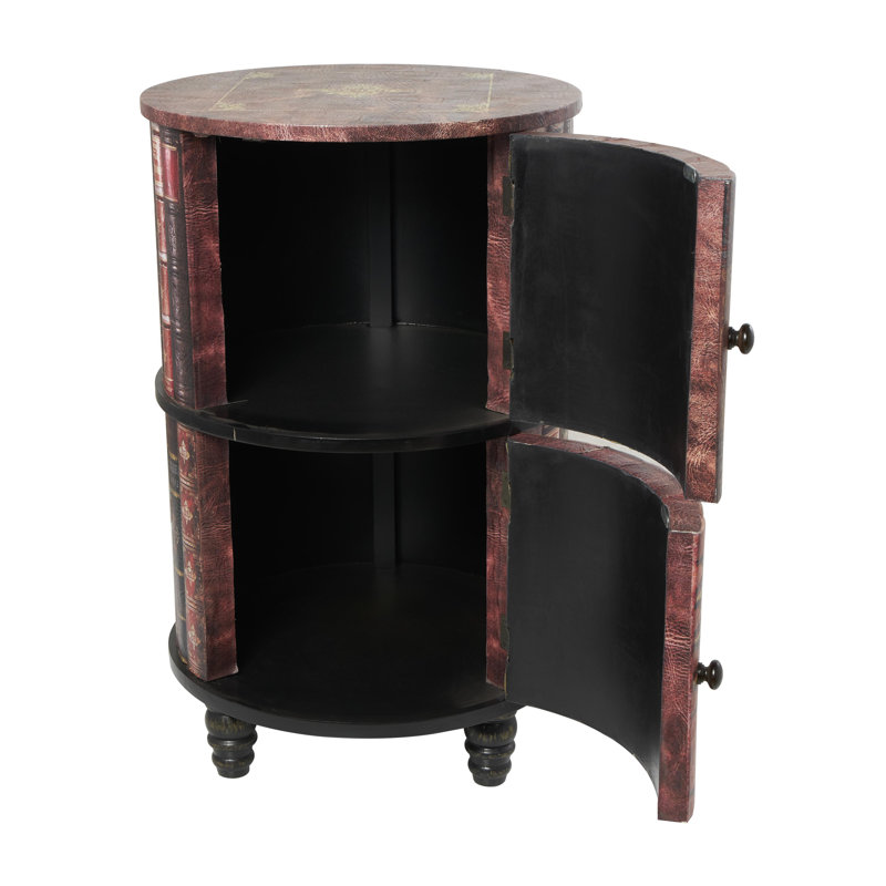 Advik Faux Leather Circular Storage 2 Door Red Cabinet with Stacked Book Design and Scroll Details