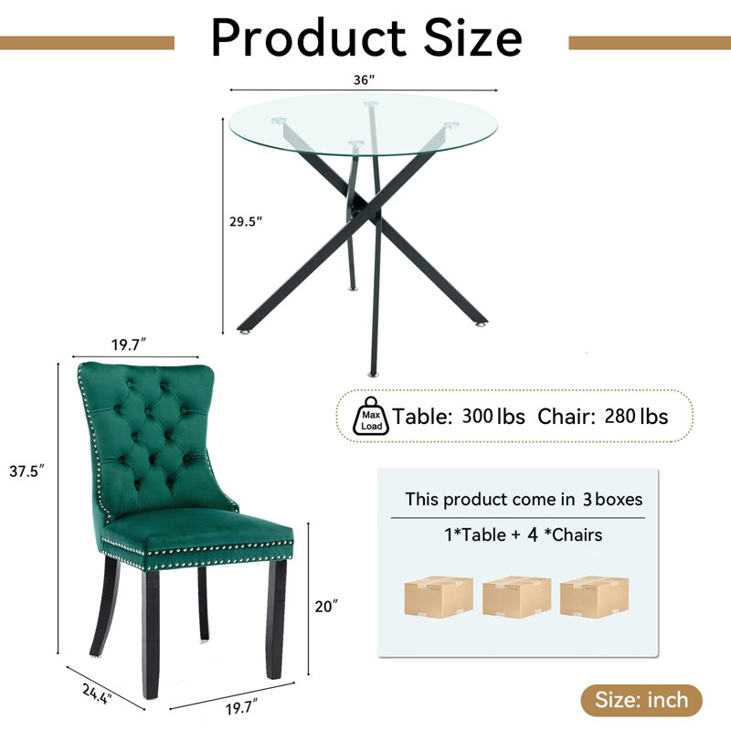 Ensemble de table à manger ronde 5 pièces pour 4 personnes, table de cuisine ronde en verre de 91 cm avec base en métal en forme de X et 4 chaises capitonnées en velours (ensemble de 5)
