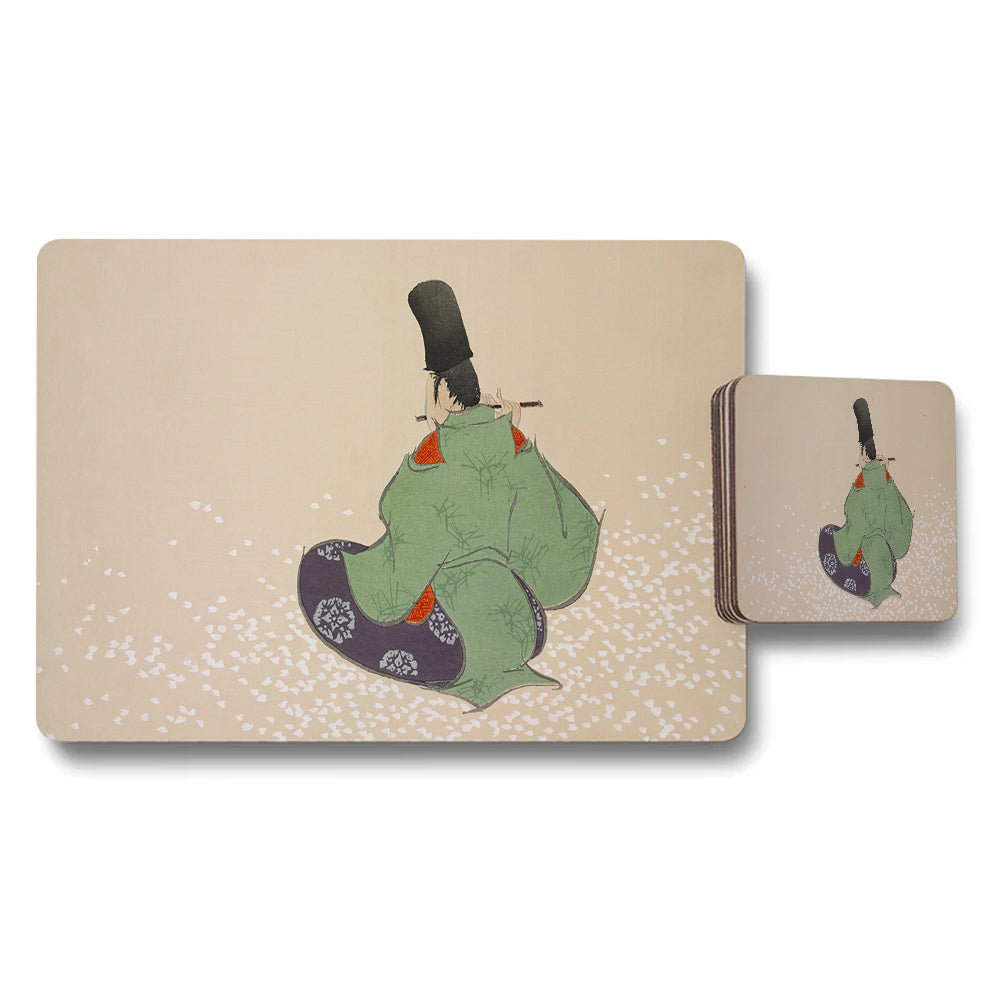 Ukiyoe Style Japanese Placemat and Coaster Set with Figure Art