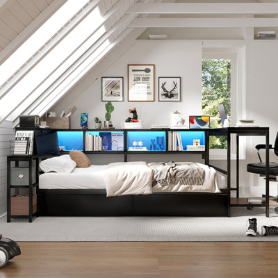 Lit de jour simple avec bibliothèque et 2 tiroirs