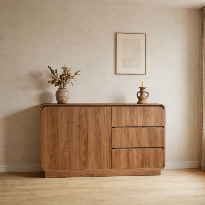 Modern Light Walnut Sideboard, 55.1'' Wide Storage Cabinet With 2 Doors And 3 Drawers, Versatile Dining Room,Living Room