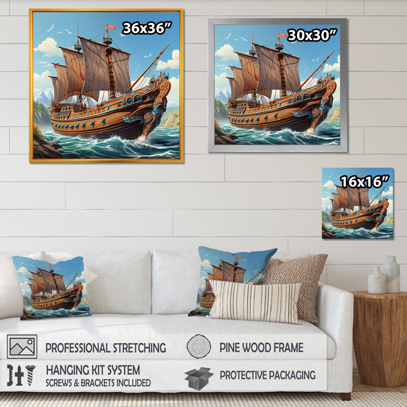 Bateau, voyage viking - Art mural classique, Cadre flottant blanc, H 36 po x l 36 po x P 1,5 po