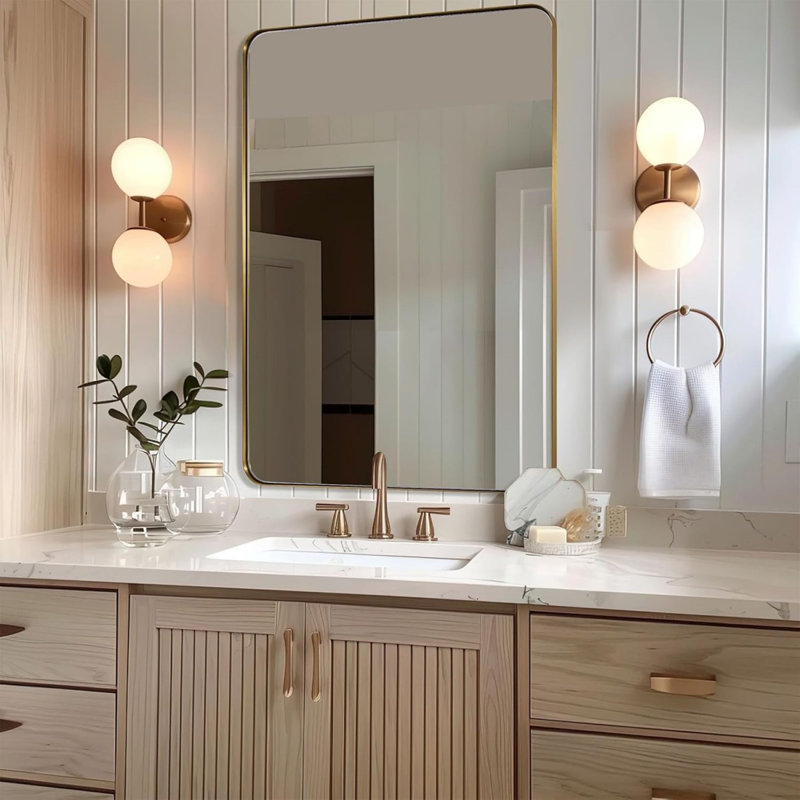 Inse Modern Rounded Rectangle Bathroom Vanity Mirror | Stainless Steel Frame, Brushed Gold, 48" x 36"
