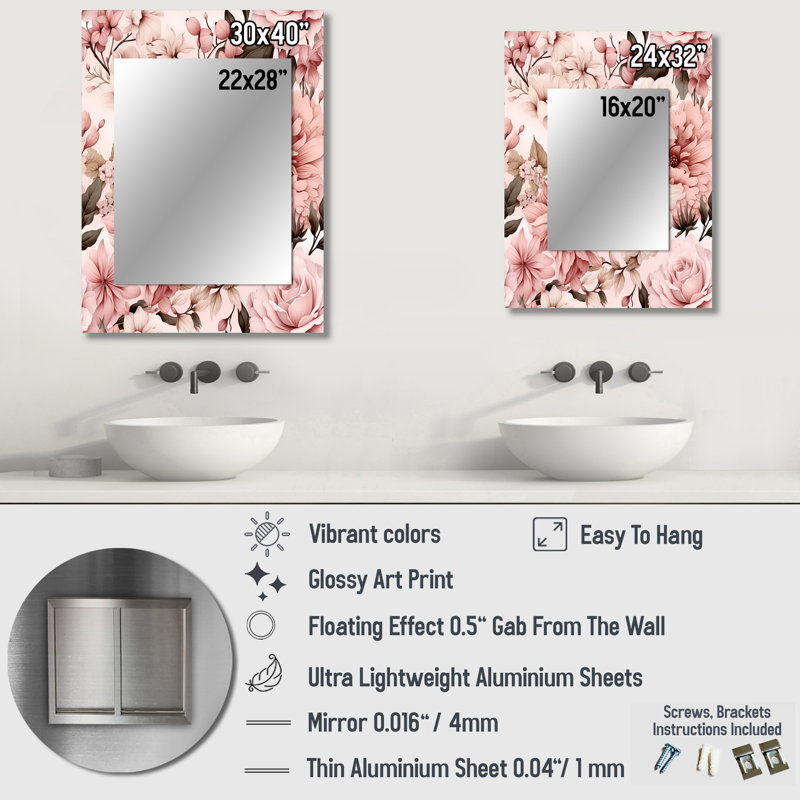 Premo fleur rose antique jardin beauté - miroir damassé, miroir mural unique damassé, impression sur métal, 40 po x 30 po