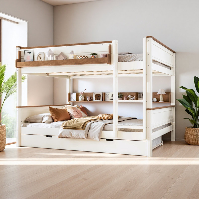 Lit superposé en bois Queen Over Queen avec lit gigogne, étagère de rangement latérale, cadre de lit superposé amovible, convertible en 2 lits séparés pour enfants, adolescents et adultes
