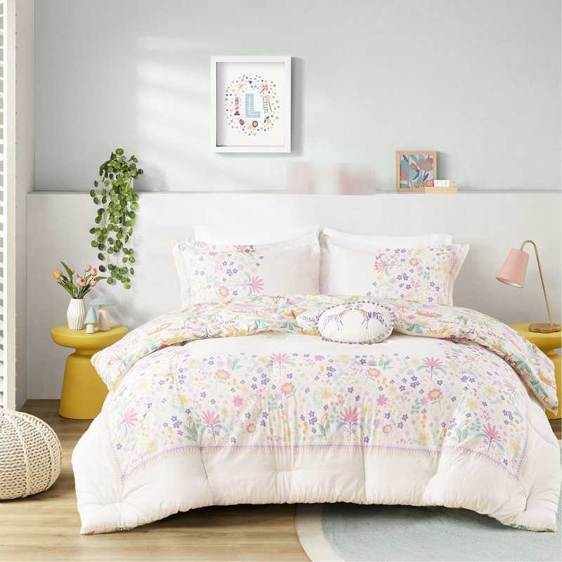 4 pièces d'édredon en coton réversible mauve / grand avec imprimé tigre et éléphant jungle - tissu lavable à la machine
