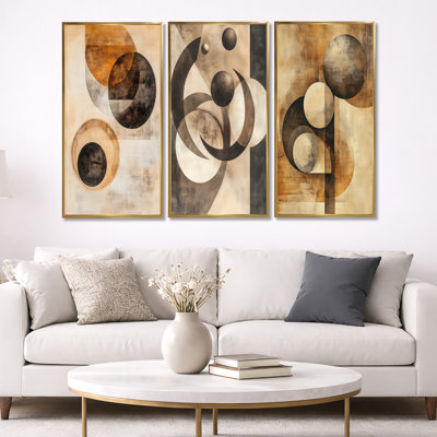 Orbiting Shapes in Sepia Space - Abstract Shapes, impression sur toile 3 pièces