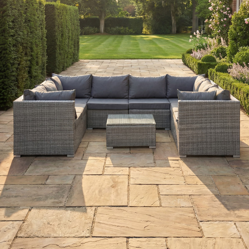 Taraf 268cm Wide U-Shaped Wicker Patio Sectional Set, Grey