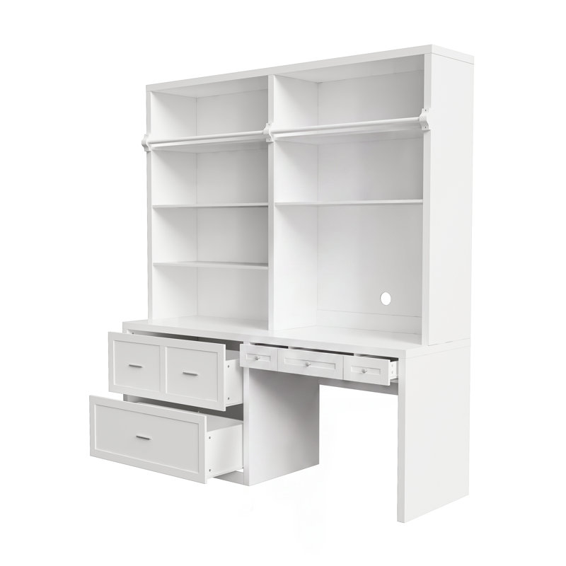 Bureau-bibliothèque Pierce blanc, 220 cm (H) x 196 cm (L), avec étagères ouvertes, tiroirs de rangement et échelle en bois massif (en option).