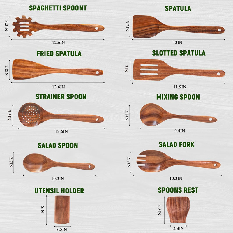 Ensemble d'ustensiles en bois de teck 10 pièces pour cuisiner avec support | Outils de cuisine en bois massif naturel | Fourchette à cuillère anti-égratignure et résistante à la chaleur pour batterie de cuisine antiadhésive