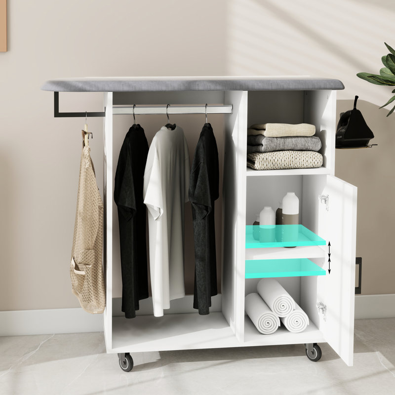 Chariot à repasser compact compact blanc E1 avec planche, idéal pour la buanderie et le vestiaire, armoire à conception fonctionnelle peu encombrante, cuisine, tablette résistante à la chaleur