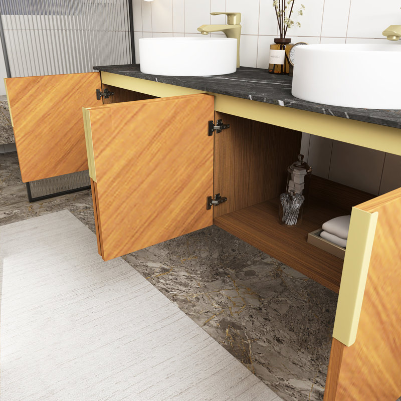 Meuble-lavabo mural 60 po en contreplaqué à grain de bois espresso avec 4 portes, comptoir en pierre frittée noire et 2 lavabos ronds blancs en céramique