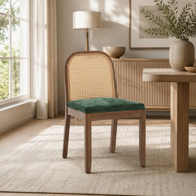 Ensemble de 2 chaises de salle à manger courbées à dossier en canne avec coussin en chenille et structure en bois massif, style campagnard Mid-Century