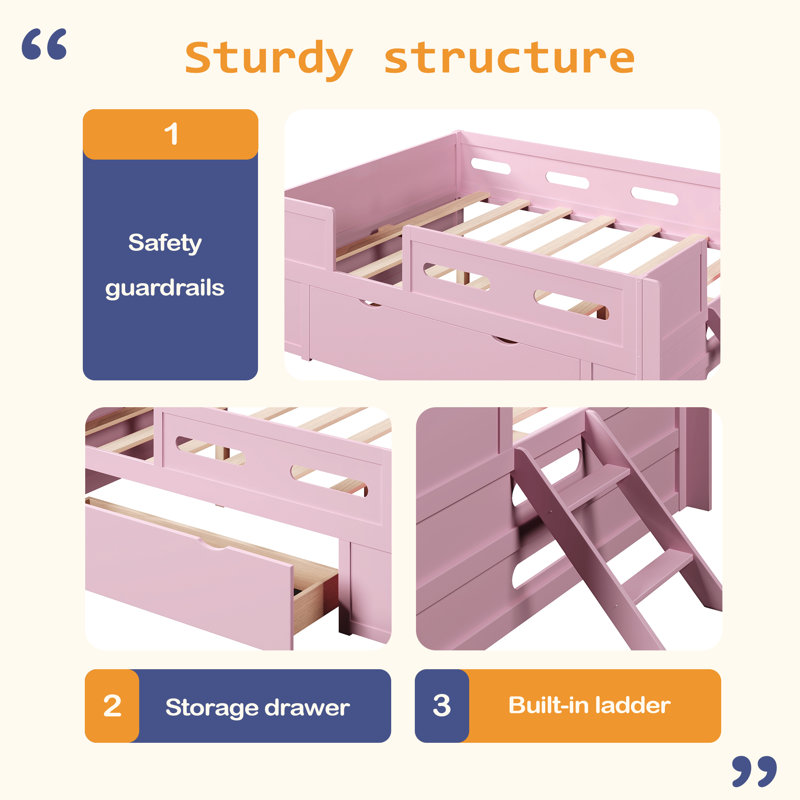 Lit plateforme en bois avec garde-corps et tiroir, Full, Pink