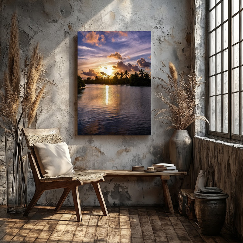 Toile, "Tranquil Tropical Sunset Scene" mettant en vedette un lagon serein entouré d'art par Lush Palm Trees