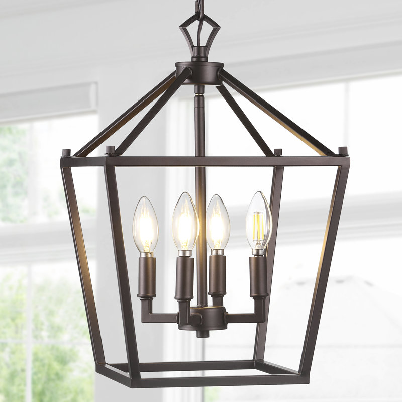 Joree 4 - Light Lantern Geometric Pendant, Oil Rubbed Bronze, 18" H x 12" W x 12" D