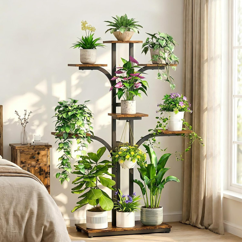 Metal Plant Stand Indoor Brown with Grow Lights for Patio