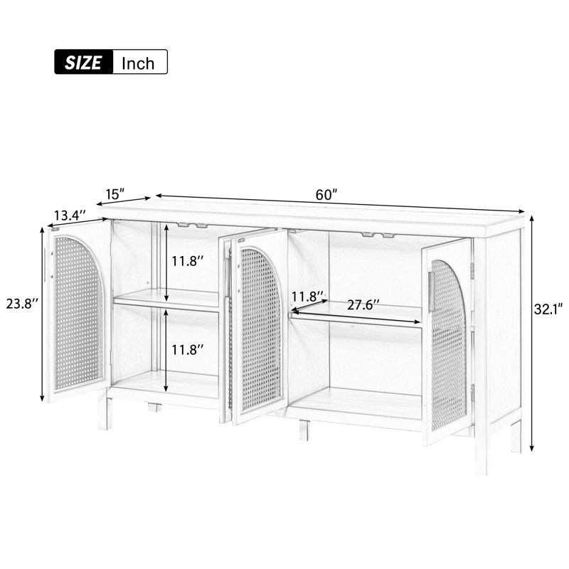 Black 60'' MDF and Rattan 4-Door Sideboard