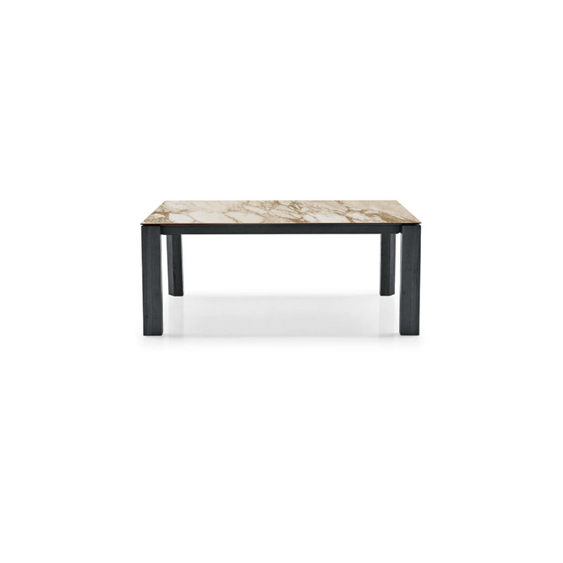 Table extensible avec plateau rectangulaire et pieds en bois Omnie, Verre cermanic en marbre doré onyx, Placage graphite