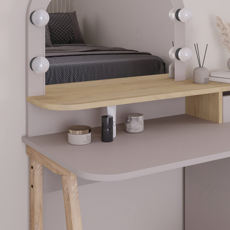 Camryne Dressing Table with Mirror, Light Mocha/Sapphire Oak