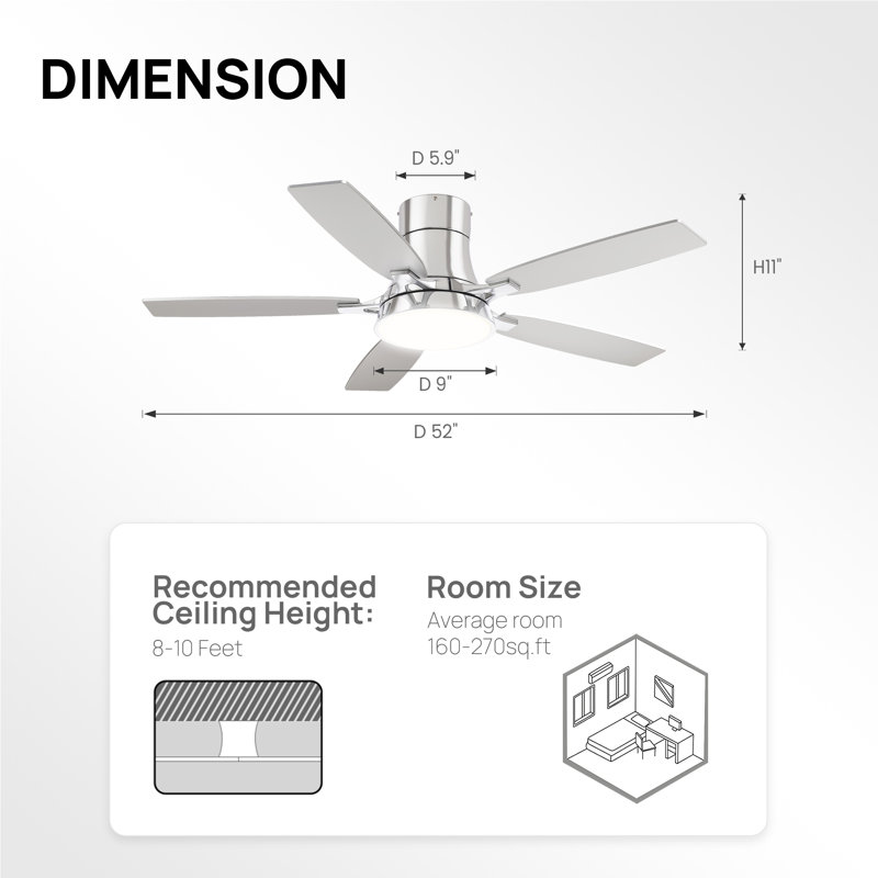 Ventilateur de plafond standard d'intérieur moderne en chrome de 52 po avec lumières à DEL à intensité variable et télécommande incluse