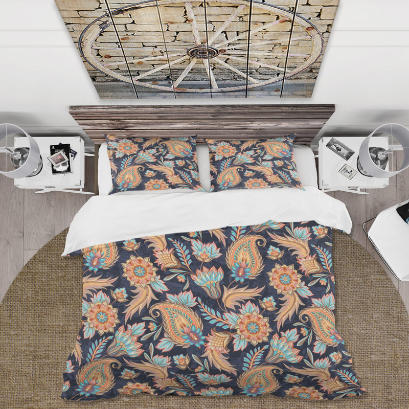 Ensemble de housse de couette bohème orange et bleu à motif cachemire - Microfibre polyester, Bleu