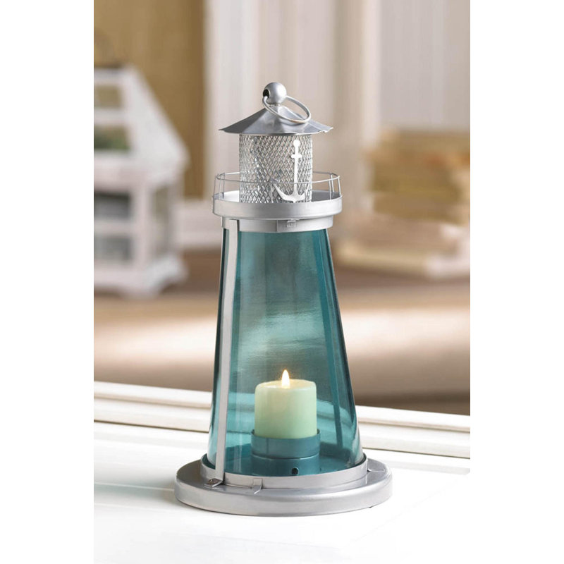 Lampe bougie tour de verre bleu