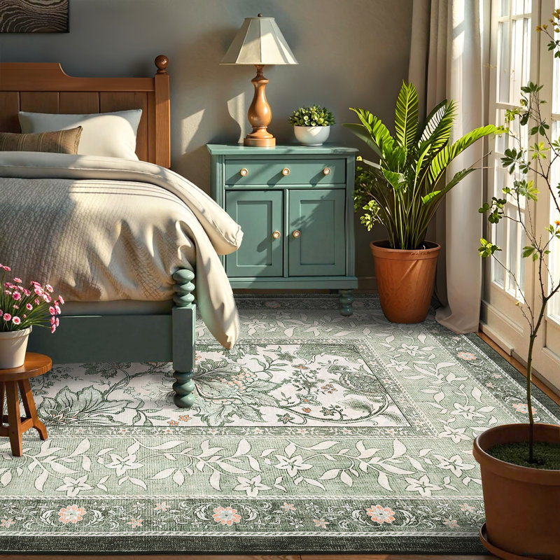 Floral Machine Printed Area Rug, Rectangle 120 x 170 cm, Green