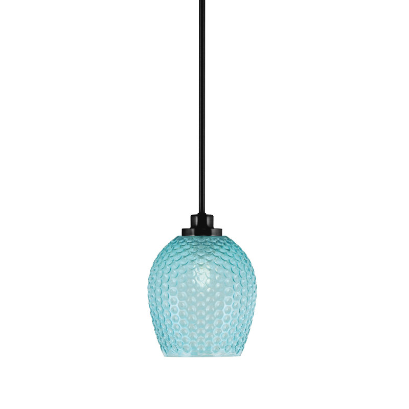 Mini-luminaire suspendu Odyssey, présenté en noir, verre turquoise 7,5 po, Blue, Matte Black