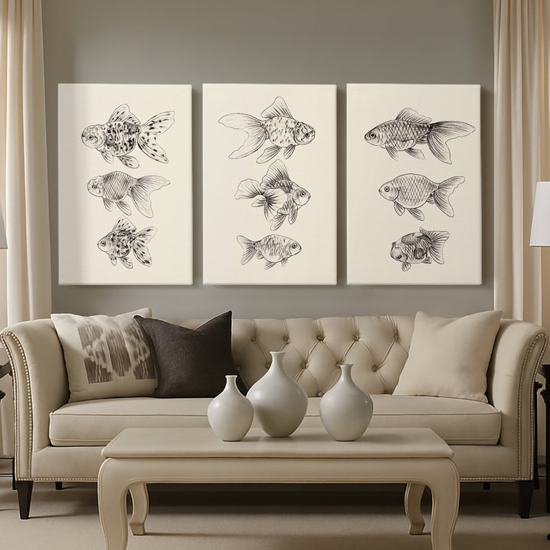 Goldfish II - Toile tendue avec châssis sur mesure - 3 pièces, H 60 po x l 120 po